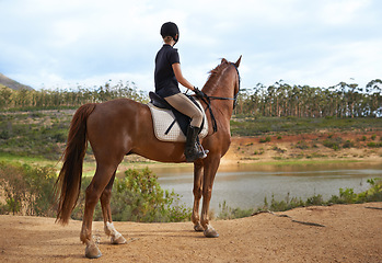 Image showing Equestrian, woman and horse in nature for ride on adventure and journey in countryside. Ranch, animal and rider outdoor with hobby, sport or pet on farm trail with girl in summer at river with peace