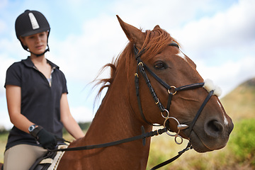 Image showing Equestrian, horse and woman riding in nature on adventure and journey in countryside. Ranch, animal and rider outdoor with hobby, sport or travel with pet on farm trail or girl in summer on blue sky