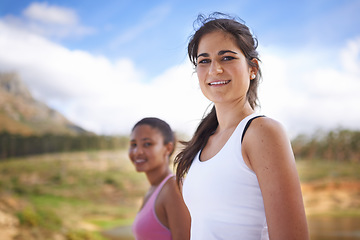 Image showing Woman, friends and portrait in nature hiking for adventure workout, explore or fitness. Female people, face and forest for outdoor physical activity in countryside for trail running, cardio or fit