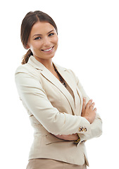 Image showing Business, crossed arms and portrait of happy woman on a white background with pride, confidence and ambition. Professional, corporate and isolated worker for career, job and opportunity in studio
