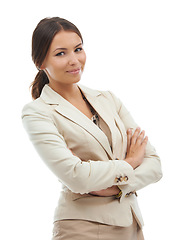 Image showing Business, crossed arms and portrait of woman in studio with pride, confidence and ambition. Professional, corporate manager and isolated worker for career, job and opportunity on white background