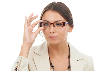 Image showing Glasses, business and face of woman on a white background for vision, eyesight and thinking. Professional, corporate and worker with spectacles or frames for career, job and opportunity in studio