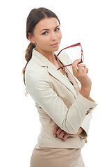 Image showing Portrait, business and woman with glasses, career and confident girl isolated on a white studio background. Person, employee and worker with eyewear, attitude and professional with startup or worker