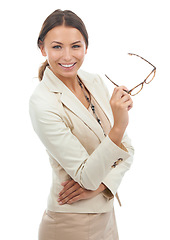 Image showing Portrait, business and woman with glasses, happy and confident girl isolated on white studio background. Person, employee and worker with eyewear, positive and professional with startup or consultant