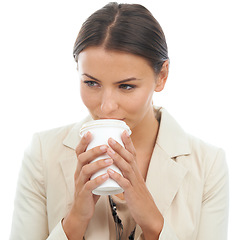 Image showing Businesswoman, drink and coffee takeaway in studio for corporate routine, professional or white background. Female person, sip and morning caffeine cup or mockup for company, confidence or career