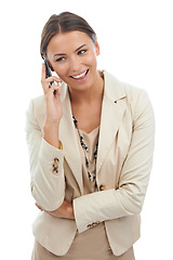Image showing Happy business woman with phone call in studio for networking, web connection or negotiation. Conversation, smartphone and mobile app for online consultant on white background with lead generation