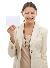 Image showing Happy woman, portrait and showing business card in marketing or advertising on a white studio background. Young female person or employee smile with poster, empty sign or blank paper for mockup space
