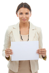 Image showing Business woman, portrait and poster for advertising or marketing on a white studio background. Female person or employee smile with banner, empty sign or blank paper for message or mockup space