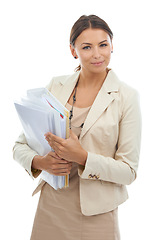 Image showing Woman, portrait and business paperwork for corporate planning research, project or administration. Female person, face and document file in studio white background for management, notes or mockup