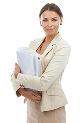 Image showing Woman, portrait and business paperwork for professional planning research, project or administration. Female person, face and document file in studio white background for management, notes or mockup