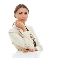 Image showing Businesswoman, thinking and problem solving or solution in studio, white background or mockup. Female person, thoughts and concern for company decision or confused idea, corporate or brainstorming