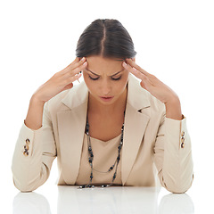 Image showing Frustrated woman, headache and mistake in anxiety, stress or mental health on a white studio background. Tired female person in business debt, burnout or financial depression for loss or fatigue