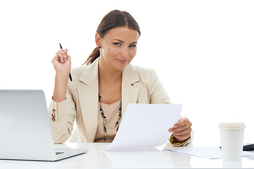 Image showing Happy business woman, laptop and documents for finance, accounting or budget planning on a white studio background. Portrait of female person, accountant or employee smile with computer and paperwork