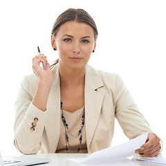 Image showing Business woman, portrait and documents of accountant in finance or budget planning on a white studio background. Face of female person or employee with paperwork for financial expenses or accounting