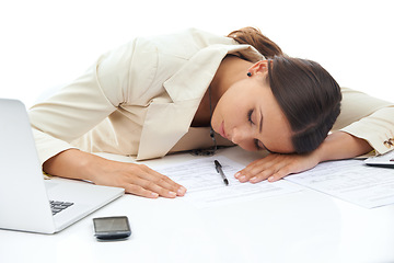 Image showing Businesswoman, paperwork and sleep at desk for work as sales consultant for deadline fail, burnout or tired. Female person, laptop and overtime fatigue employee or lazy, studio or white background