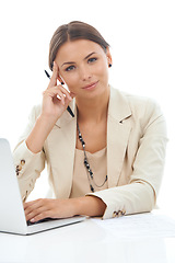Image showing Woman, portrait and laptop or work confidence as law attorney for client management, paperwork or decision making. Female person, face and pen in studio for proposal write, mockup or white background