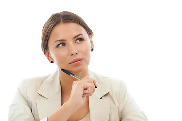 Image showing Thinking, white background and face of business woman with ideas, ambition and problem solving with pen. Administration, corporate and isolated worker with pride, wondering or brainstorming in studio