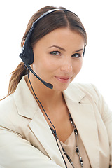 Image showing Happy woman, portrait and headphones in call center for telemarketing or customer service on a white studio background. Face of female person, consultant or agent smile with headset for online advice