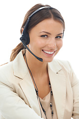 Image showing Happy woman, portrait and headphones in call center for consulting or telemarketing on a white studio background. Face of female person, consultant or agent smile with headset for online help advice
