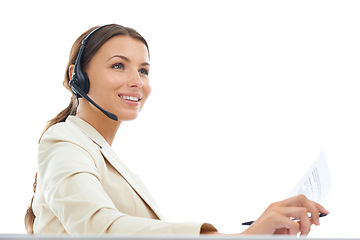 Image showing Business woman, consultant and call center with documents in customer service on a white studio background. Female person or agent smile with headphones for online advice or help with mockup space