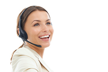 Image showing Happy woman, consultant and call center in customer service or telemarketing on a white studio background. Face of friendly person or agent smile with headphones for online advice on mockup space