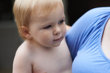 Image showing Baby, face and woman outdoor for development with playing, curiosity or early childhood in backyard of home. Toddler, child and relax for wellness, milestone and exploring with innocence and bonding