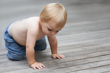 Image showing Toddler, playing on floor outdoor for development with relax, curiosity and early childhood in backyard of home. Baby, child and crawling on ground for wellness, milestone or exploring with innocence