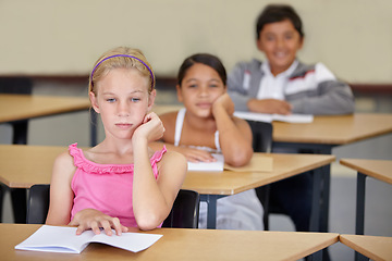 Image showing Tired, children and bored of learning, education and books from adhd, burnout and frustrated with work in school. Exhausted, girl or thinking of studying, group and problem with mindset in classroom