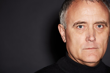 Image showing Portrait of mature man in studio with serious face, confidence and wise in dark space. Pride, relax and senior businessman ceo isolated on black background with expert knowledge, mockup and wisdom.