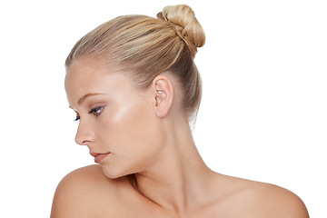 Image showing Woman, face and beauty with cosmetics in studio for glowing shine, wellness and dermatology on mock up. Model, person or confidence with skincare, collagen or keratin treatment on white background