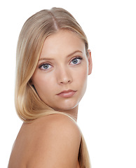 Image showing Woman, portrait and beauty with skincare in studio for glowing face, wellness and dermatology on mock up. Model, person or confidence with cosmetics, collagen or keratin treatment on white background