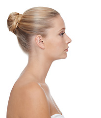 Image showing Woman, skincare and beauty with cosmetics in studio for glowing face, wellness and dermatology on mock up. Model, person or confidence with self care, collagen or facial treatment on white background