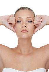 Image showing Skincare, beauty and portrait with woman, dermatology and wellness isolated on a white studio background. Face, person and model with grooming, luxury and shine with glow, cosmetics and aesthetic