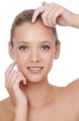 Image showing Woman, portrait and beauty with cosmetics in studio for glowing face, wellness and dermatology on mock up. Model, person or confidence with skincare, collagen or botox treatment on white background