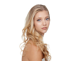 Image showing Woman, portrait and beauty with cosmetics in studio for hair care, salon treatment and shampoo shine. Model, person and mock up space with skincare, collagen texture and hairstyle on white background