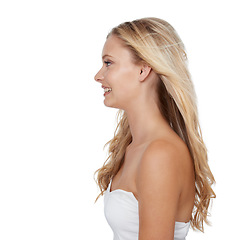 Image showing Beauty, woman and cosmetics in studio for hair care with keratin treatment, shampoo shine and mock up. Model, happy and soft hairstyle, texture and cosmetology at hairdresser on white background