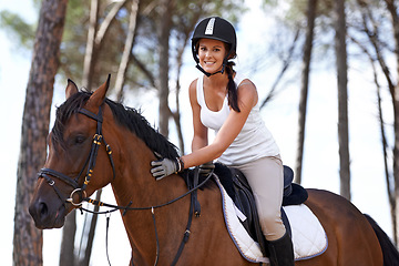 Image showing Portrait, horse riding or equestrian in nature or countryside with rider or jockey for recreation or adventure. Happy, love or woman with healthy pet animal for training, exercise or wellness on farm