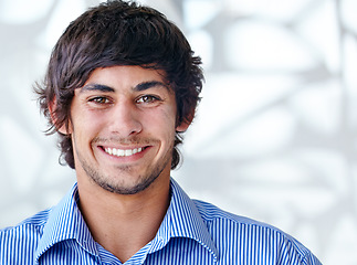 Image showing Portrait, happy and man with confidence in career and wellness in studio background. Young person, smile or face of entrepreneur for positive in start up company and IT professional in pride as geek