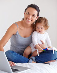 Image showing Portrait, baby and happy mother on laptop in bedroom for remote work, learning or education in home. Freelancer parent, computer and kid playing with abacus, care and toddler together with family