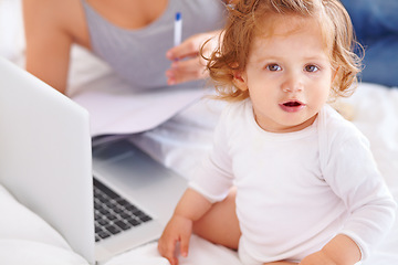 Image showing Working, mom and portrait of baby with laptop and multitasking in home. Infant, kid and mother busy with child and computer for freelance remote work, productivity and online project in bedroom