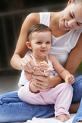 Image showing Mother, baby and playing together in outdoors for fun, love and affection or bonding in childhood. Mom, toddler and happy girl or child and relaxing outside, learning and security in relationship