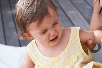 Image showing Baby, girl and unhappy or crying outside on porch, sad and upset for mistake or fail in childhood. Kid, toddler and frustration and distress for info, autism and overstimulation or adhd in outdoors