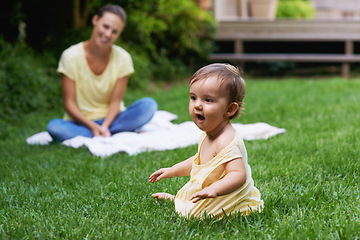 Image showing Mother, baby and playing together in nature for fun, love and affection or bonding in childhood. Mom, toddler and happy girl or child and relaxing outside, learning and security in relationship