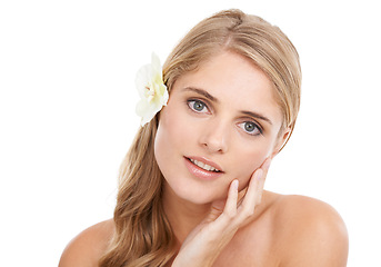 Image showing Woman, portrait and smile in studio with flower, makeup or pride for cosmetic or beauty mock up. Model, person or sustainable dermatology for haircare or natural organic skincare on white background