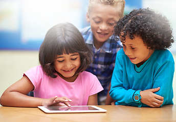 Image showing Students, kids on tablet and school for online education, e learning and website or information in group. Happy children in diversity with digital technology for knowledge and classroom development