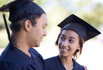 Image showing Couple, graduation with education and academic success with ceremony outdoor at university. Certification, achievement and event at college with happy people together for milestone and award