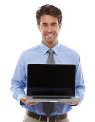 Image showing Portrait, business man and laptop screen in studio for deal, offer and newsletter coming soon on white background. Happy worker, computer and mockup space for sign up, subscription and advertising UX