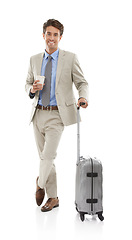 Image showing Business, man and travel or suitcase in studio with portrait and happy for coffee, meeting or trip. Entrepreneur, corporate professional and face with smile for journey or career on white background