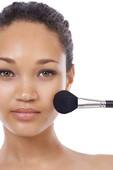 Image showing Cosmetics, brush and woman face in studio for beauty, foundation and makeup on a white background. Portrait of young model, artist and person for skincare, application tools or product for coverage