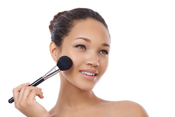 Image showing Woman, face and makeup brushes for beauty cosmetics, blush or skincare against a white studio background. Female person or model smile for facial treatment, foundation or soft texture on mockup space